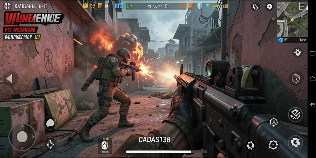 Screenshot gameplay CADAS138 menunjukkan aksi tembak-menembak yang intens.
