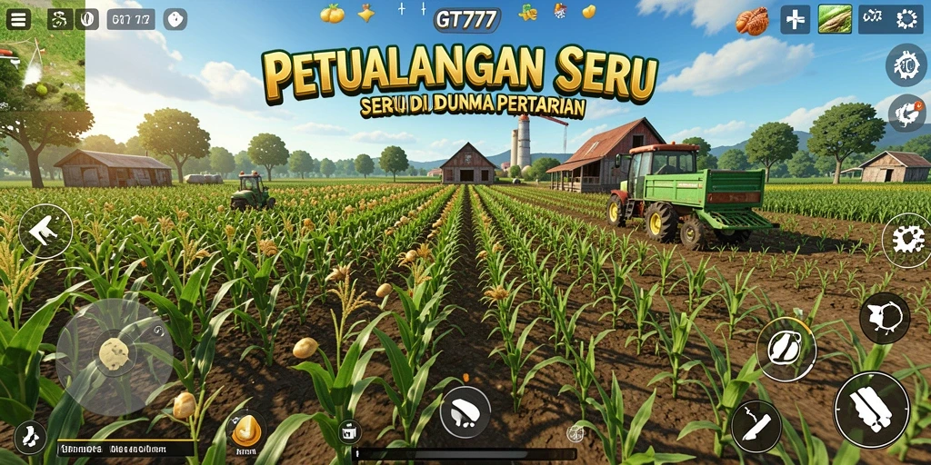 Tangkapan layar gameplay yang menunjukkan lahan pertanian yang subur di GT777.