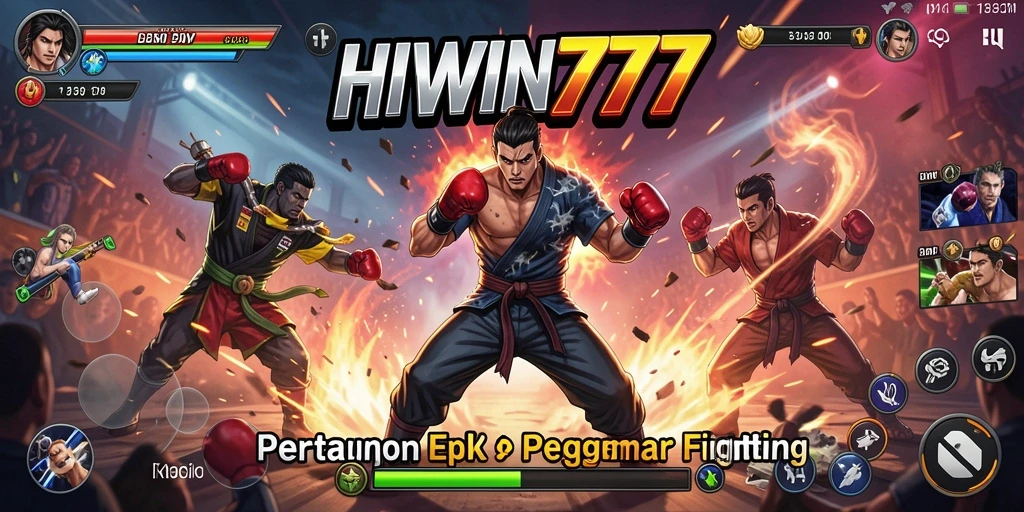 Screenshot HIWIN777 menampilkan pertarungan karakter epik di arena yang menegangkan.