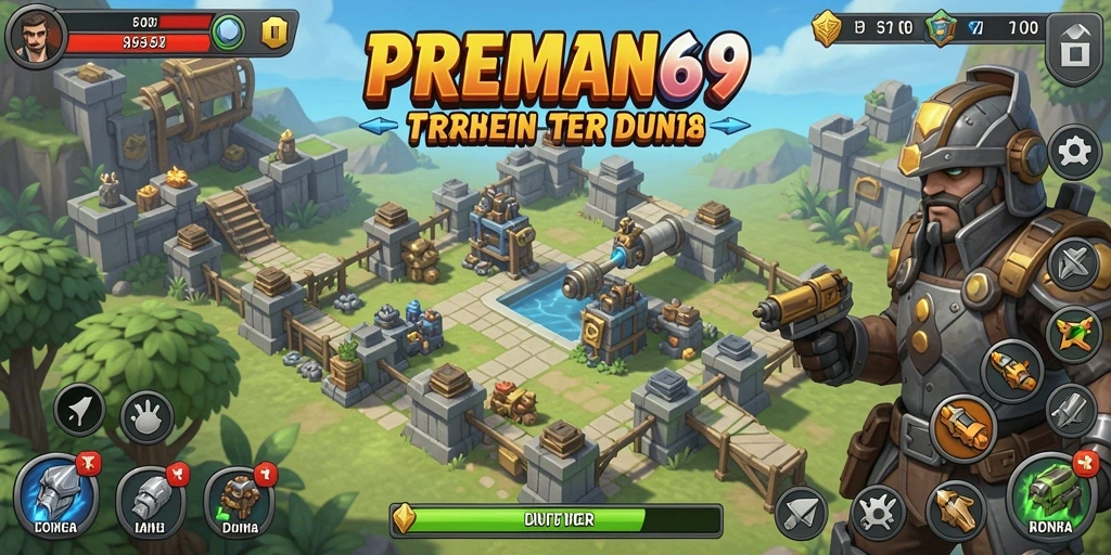 Tampilan gameplay seru dari PREMAN69, menampilkan strategi Tower Defense.