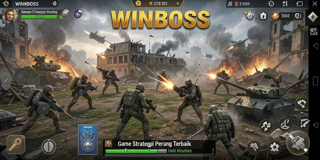 Screenshot gameplay WINBOSS yang menampilkan pertempuran strategi yang intens.